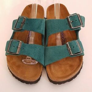 Blue Birkenstock Suede Arizona Flatbed Sandals